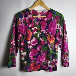 GARNET HILL Sweater Womens M Merino Wool Cardigan Purple Dark Floral Button